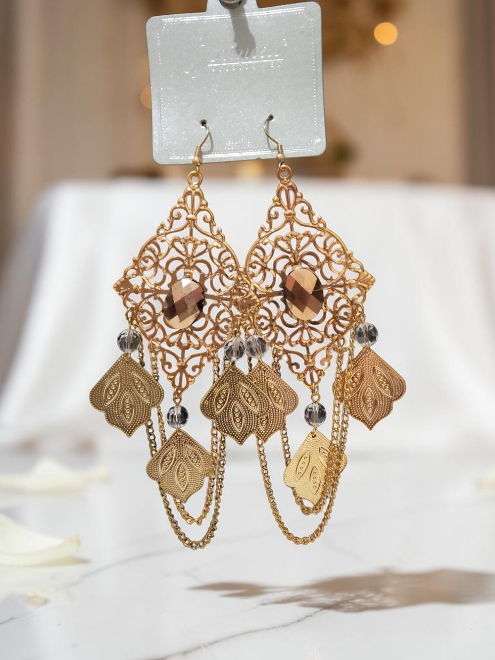 Gold Filigree Chandelier Earrings with Faceted Accents